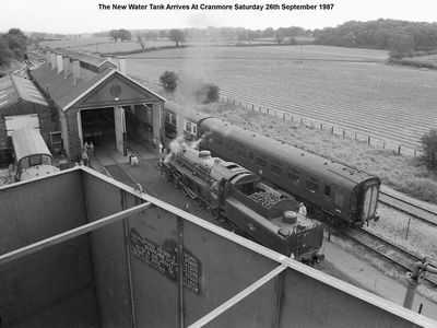 View from the water tower - the railway had judt taken delivery of a new water tank. Green Knight is being prepared for the day's work by the late Dave Massey.